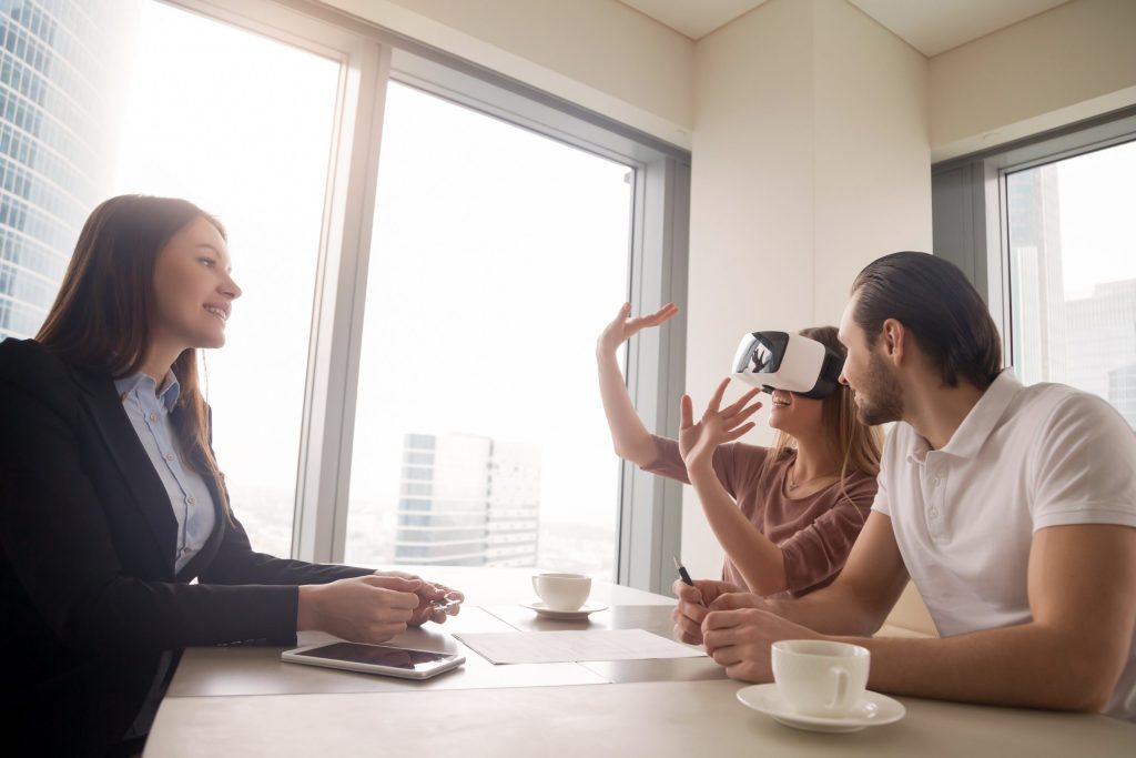 Young,Woman,Wearing,Virtual,Reality,Glasses,Or,Goggles,,Couple,Using